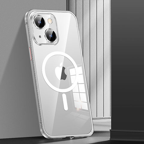 Carcasa Bumper Lujo Marco de Metal y Plastico Funda con Mag-Safe Magnetic JL1 para Apple iPhone 14 Plus Plata