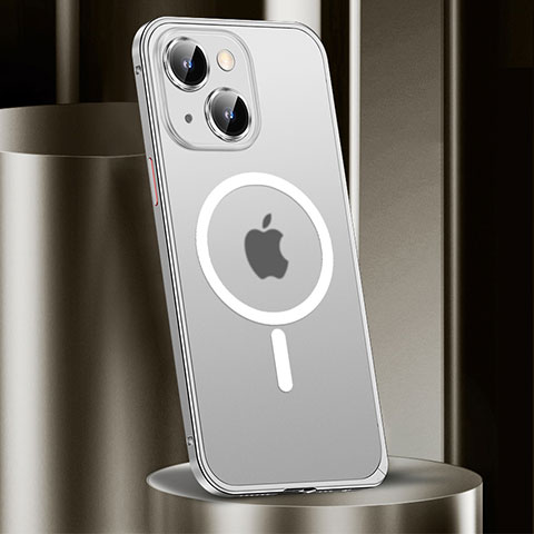 Carcasa Bumper Lujo Marco de Metal y Plastico Funda con Mag-Safe Magnetic JL2 para Apple iPhone 15 Plus Plata