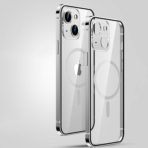 Carcasa Bumper Lujo Marco de Metal y Plastico Funda con Mag-Safe Magnetic JL3 para Apple iPhone 14 Plata