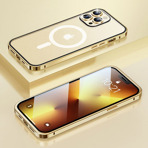 Carcasa Bumper Lujo Marco de Metal y Plastico Funda con Mag-Safe Magnetic LF1 para Apple iPhone 13 Pro Oro