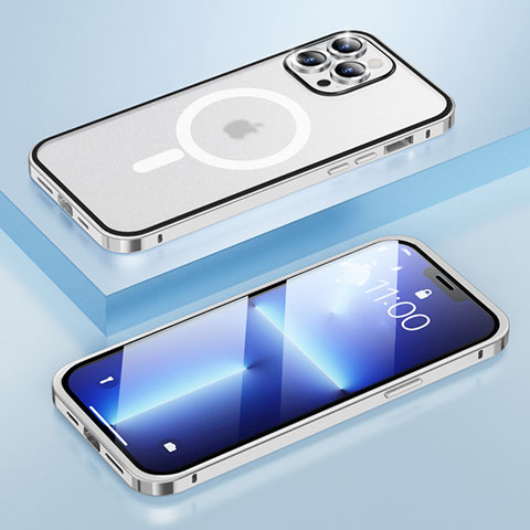 Carcasa Bumper Lujo Marco de Metal y Plastico Funda con Mag-Safe Magnetic LF1 para Apple iPhone 13 Pro Plata