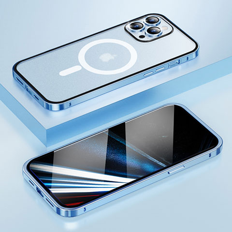 Carcasa Bumper Lujo Marco de Metal y Plastico Funda con Mag-Safe Magnetic LF1 para Apple iPhone 14 Pro Azul