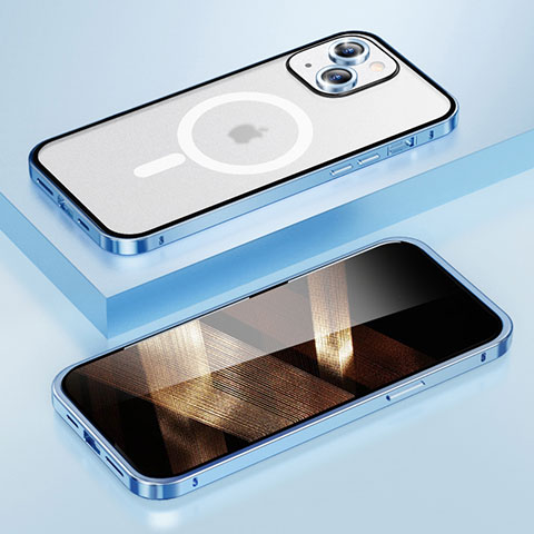 Carcasa Bumper Lujo Marco de Metal y Plastico Funda con Mag-Safe Magnetic LF1 para Apple iPhone 15 Azul