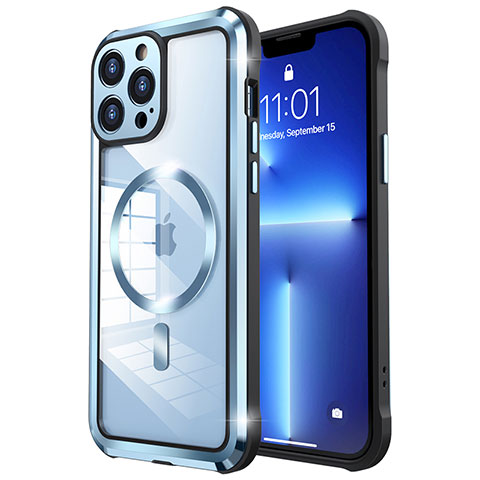 Carcasa Bumper Lujo Marco de Metal y Plastico Funda con Mag-Safe Magnetic LF2 para Apple iPhone 13 Pro Azul