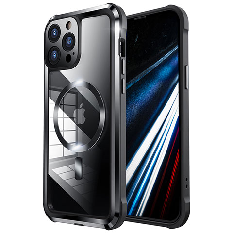 Carcasa Bumper Lujo Marco de Metal y Plastico Funda con Mag-Safe Magnetic LF2 para Apple iPhone 14 Pro Max Negro