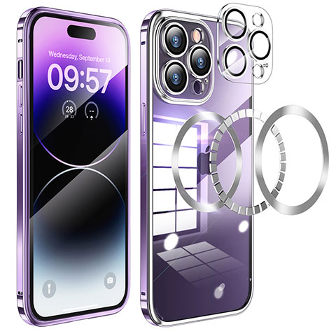 Carcasa Bumper Lujo Marco de Metal y Plastico Funda con Mag-Safe Magnetic LF3 para Apple iPhone 14 Pro Max Morado