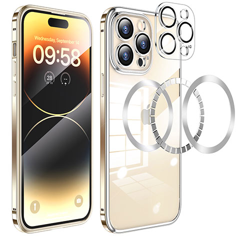 Carcasa Bumper Lujo Marco de Metal y Plastico Funda con Mag-Safe Magnetic LF3 para Apple iPhone 16 Pro Max Oro