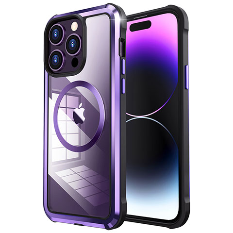 Carcasa Bumper Lujo Marco de Metal y Plastico Funda con Mag-Safe Magnetic LF4 para Apple iPhone 14 Pro Max Morado