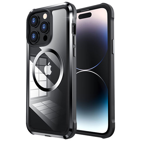 Carcasa Bumper Lujo Marco de Metal y Plastico Funda con Mag-Safe Magnetic LF4 para Apple iPhone 14 Pro Max Negro