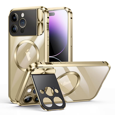 Carcasa Bumper Lujo Marco de Metal y Plastico Funda con Mag-Safe Magnetic LK4 para Apple iPhone 15 Pro Max Oro