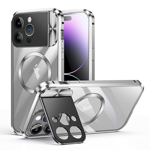 Carcasa Bumper Lujo Marco de Metal y Plastico Funda con Mag-Safe Magnetic LK4 para Apple iPhone 16 Pro Max Plata