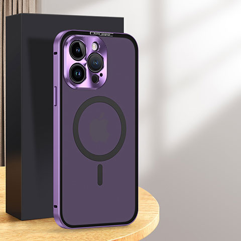 Carcasa Bumper Lujo Marco de Metal y Plastico Funda con Mag-Safe Magnetic LK5 para Apple iPhone 15 Pro Max Morado