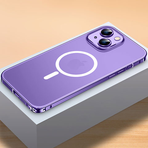 Carcasa Bumper Lujo Marco de Metal y Plastico Funda con Mag-Safe Magnetic QC2 para Apple iPhone 15 Plus Morado