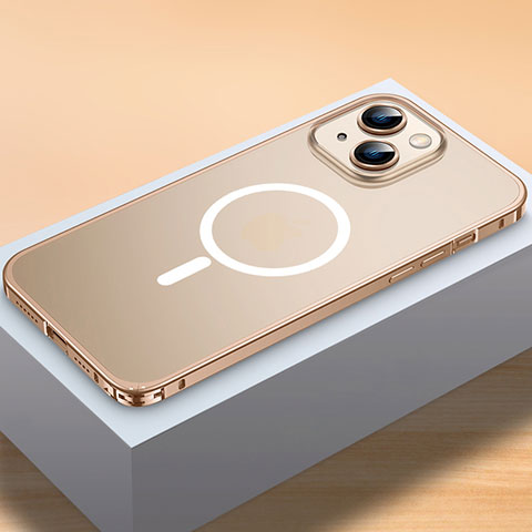 Carcasa Bumper Lujo Marco de Metal y Plastico Funda con Mag-Safe Magnetic QC2 para Apple iPhone 15 Plus Oro