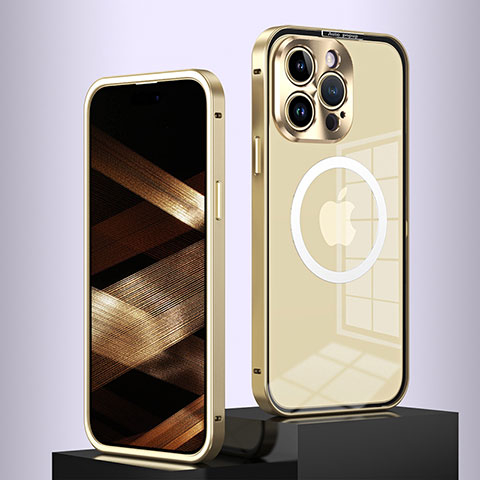 Carcasa Bumper Lujo Marco de Metal y Plastico Funda con Mag-Safe Magnetic QC5 para Apple iPhone 13 Pro Max Oro