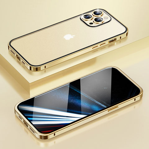 Carcasa Bumper Lujo Marco de Metal y Plastico Funda LF4 para Apple iPhone 14 Pro Max Oro