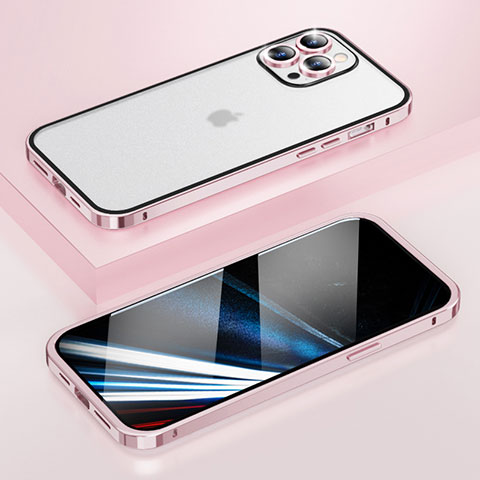 Carcasa Bumper Lujo Marco de Metal y Plastico Funda LF4 para Apple iPhone 14 Pro Max Oro Rosa