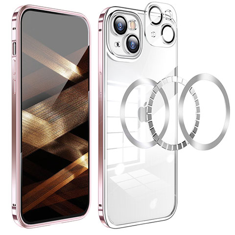 Carcasa Bumper Lujo Marco de Metal y Plastico Funda LF5 para Apple iPhone 15 Plus Oro Rosa