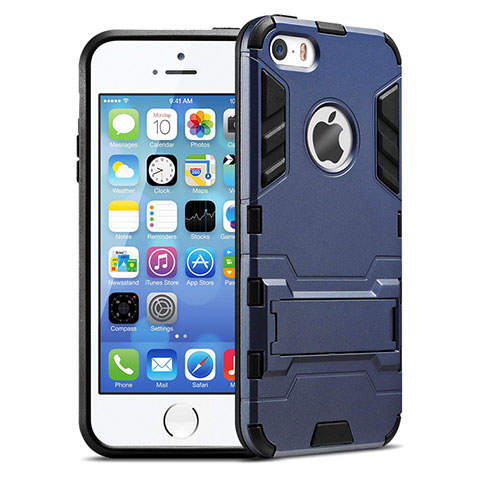 Carcasa Bumper Silicona Mate con Soporte para Apple iPhone 5 Azul