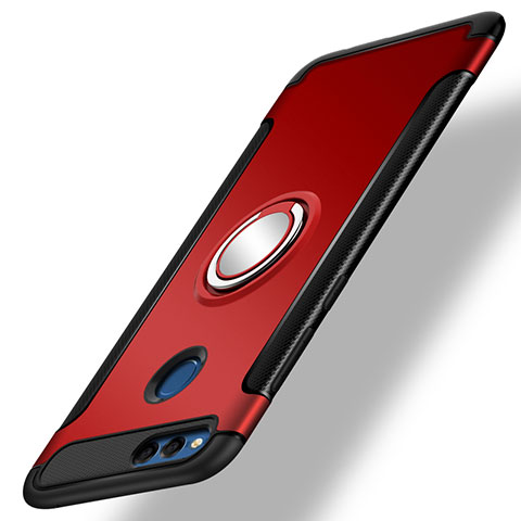 Carcasa Bumper Silicona y Plastico Mate con Anillo de dedo Soporte para Huawei Honor Play 7X Rojo