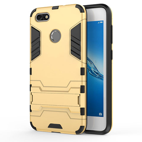 Carcasa Bumper Silicona y Plastico Mate con Soporte para Huawei Y6 Pro (2017) Oro