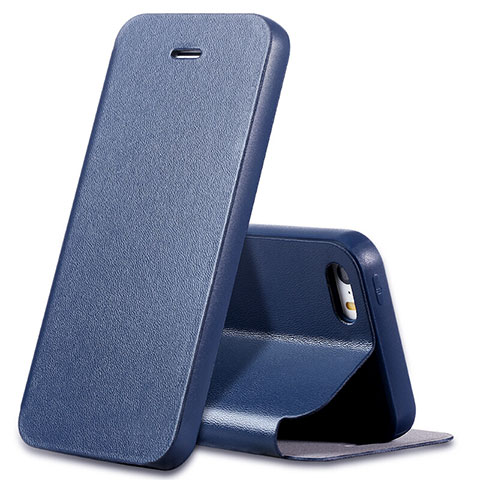 Carcasa de Cuero Cartera con Soporte L01 para Apple iPhone 5 Azul