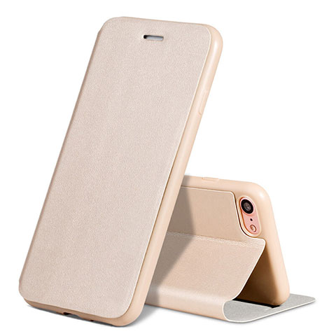 Carcasa de Cuero Cartera con Soporte L01 para Apple iPhone 7 Oro