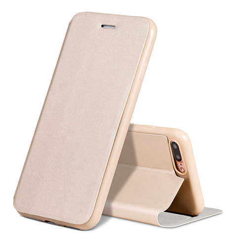 Carcasa de Cuero Cartera con Soporte L02 para Apple iPhone 7 Plus Oro