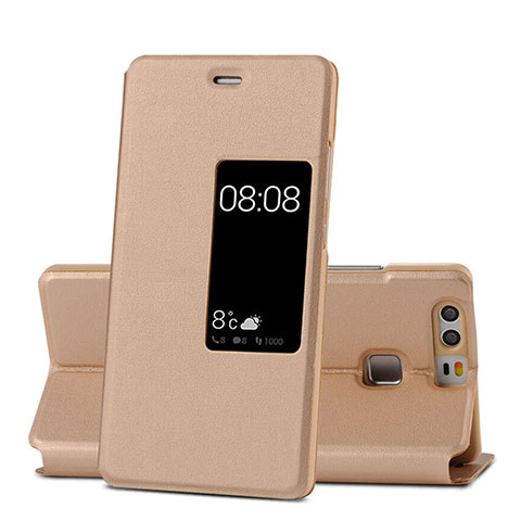 Carcasa de Cuero Cartera con Soporte para Huawei P9 Oro