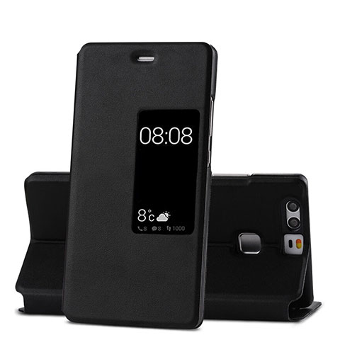 Carcasa de Cuero Cartera con Soporte para Huawei P9 Plus Negro