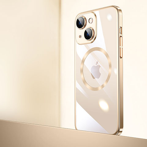 Carcasa Dura Cristal Plastico Funda Rigida Transparente con Mag-Safe Magnetic QC2 para Apple iPhone 15 Oro