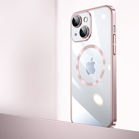 Carcasa Dura Cristal Plastico Funda Rigida Transparente con Mag-Safe Magnetic QC2 para Apple iPhone 15 Plus Oro Rosa