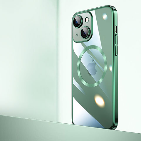 Carcasa Dura Cristal Plastico Funda Rigida Transparente con Mag-Safe Magnetic QC2 para Apple iPhone 15 Plus Verde