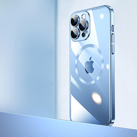 Carcasa Dura Cristal Plastico Funda Rigida Transparente con Mag-Safe Magnetic QC2 para Apple iPhone 15 Pro Max Azul