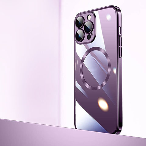 Carcasa Dura Cristal Plastico Funda Rigida Transparente con Mag-Safe Magnetic QC2 para Apple iPhone 15 Pro Max Morado