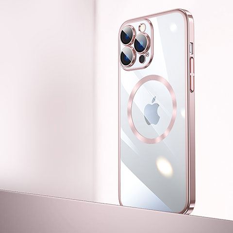 Carcasa Dura Cristal Plastico Funda Rigida Transparente con Mag-Safe Magnetic QC2 para Apple iPhone 15 Pro Max Oro Rosa