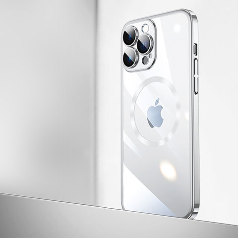Carcasa Dura Cristal Plastico Funda Rigida Transparente con Mag-Safe Magnetic QC2 para Apple iPhone 15 Pro Plata