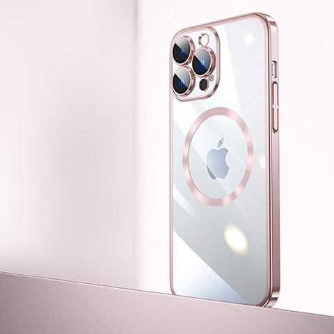 Carcasa Dura Cristal Plastico Funda Rigida Transparente con Mag-Safe Magnetic QC2 para Apple iPhone 16 Pro Max Oro Rosa