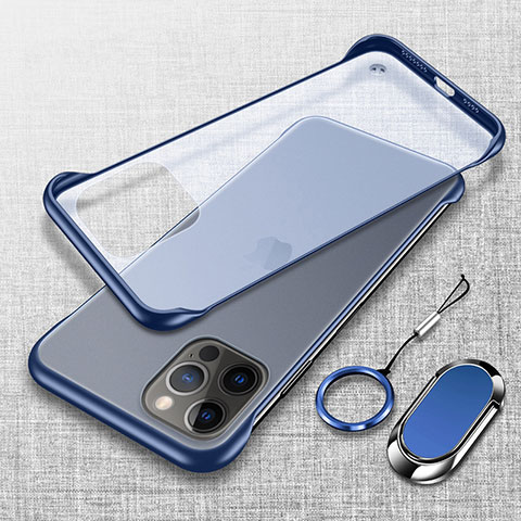 Carcasa Dura Cristal Plastico Funda Rigida Transparente con Magnetico Anillo de dedo Soporte para Apple iPhone 15 Pro Max Azul