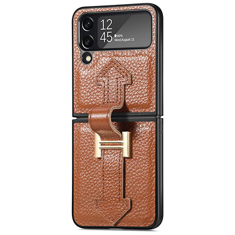 Funda Bumper Lujo Cuero y Plastico Mate Carcasa B04 para Samsung Galaxy Z Flip4 5G Marron