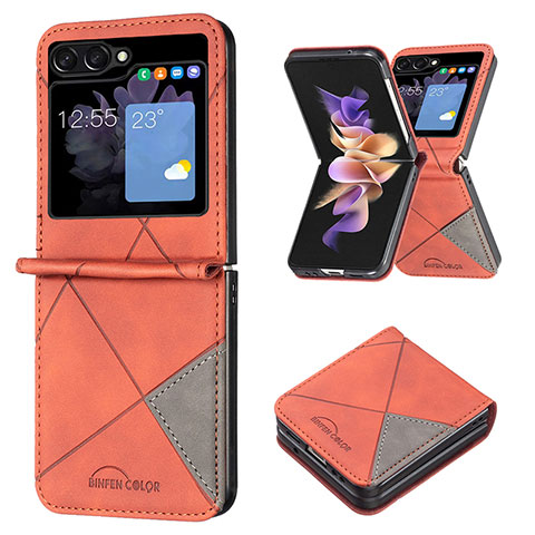 Funda Bumper Lujo Cuero y Plastico Mate Carcasa BF3 para Samsung Galaxy Z Flip5 5G Naranja