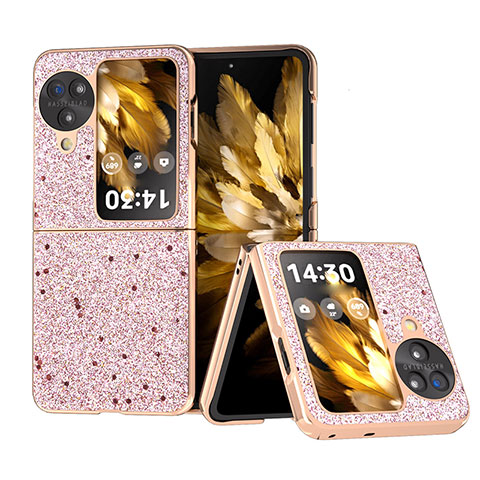 Funda Bumper Lujo Cuero y Plastico Mate Carcasa BH23 para Oppo Find N3 Flip 5G Oro Rosa