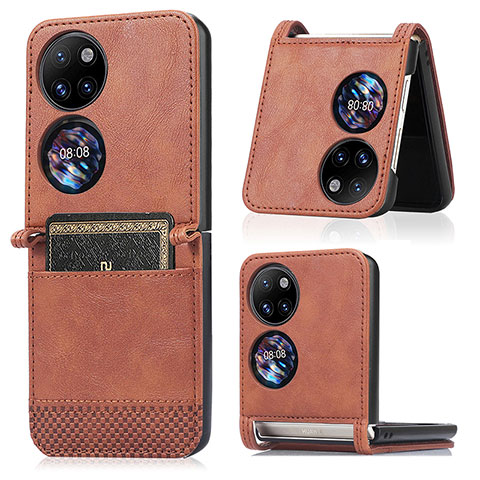 Funda Bumper Lujo Cuero y Plastico Mate Carcasa BY3 para Huawei P60 Pocket Marron