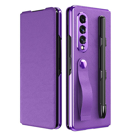 Funda Bumper Lujo Cuero y Plastico Mate Carcasa C06 para Samsung Galaxy Z Fold3 5G Morado