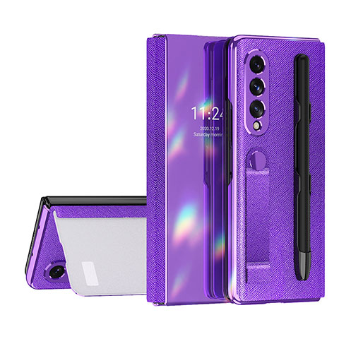 Funda Bumper Lujo Cuero y Plastico Mate Carcasa C07 para Samsung Galaxy Z Fold3 5G Morado