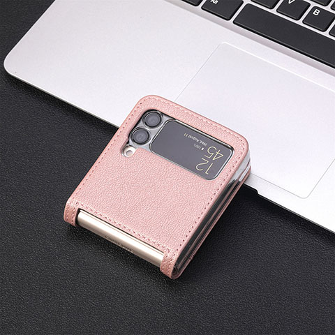 Funda Bumper Lujo Cuero y Plastico Mate Carcasa H02 para Samsung Galaxy Z Flip3 5G Oro Rosa