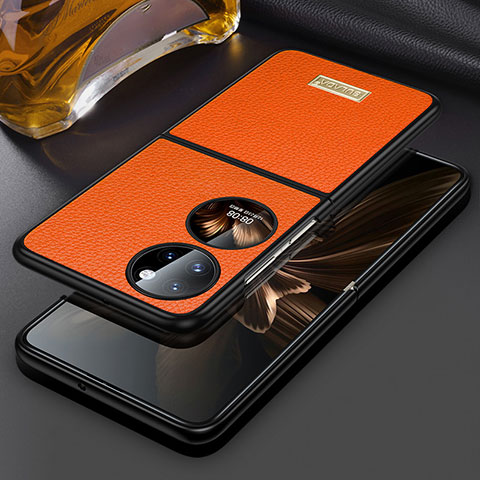 Funda Bumper Lujo Cuero y Plastico Mate Carcasa LD1 para Huawei P50 Pocket Naranja