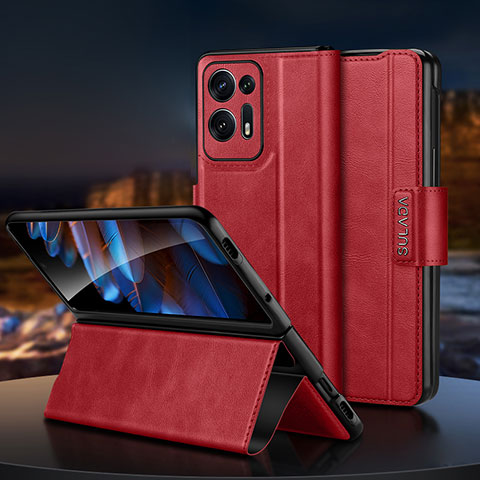 Funda Bumper Lujo Cuero y Plastico Mate Carcasa LD1 para Oppo Find N2 5G Rojo