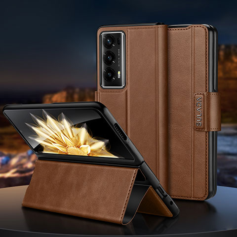 Funda Bumper Lujo Cuero y Plastico Mate Carcasa LD2 para Huawei Honor Magic V2 5G Marron