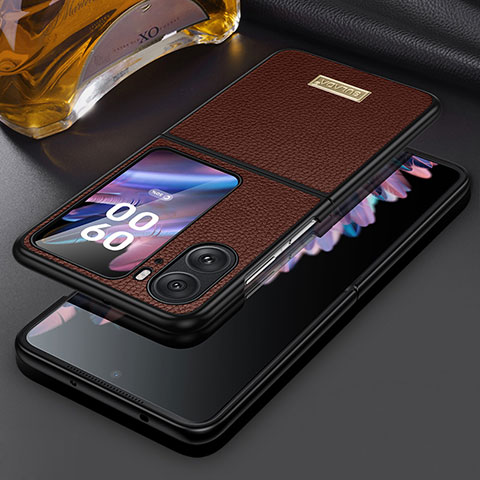 Funda Bumper Lujo Cuero y Plastico Mate Carcasa LD2 para Oppo Find N2 Flip 5G Marron